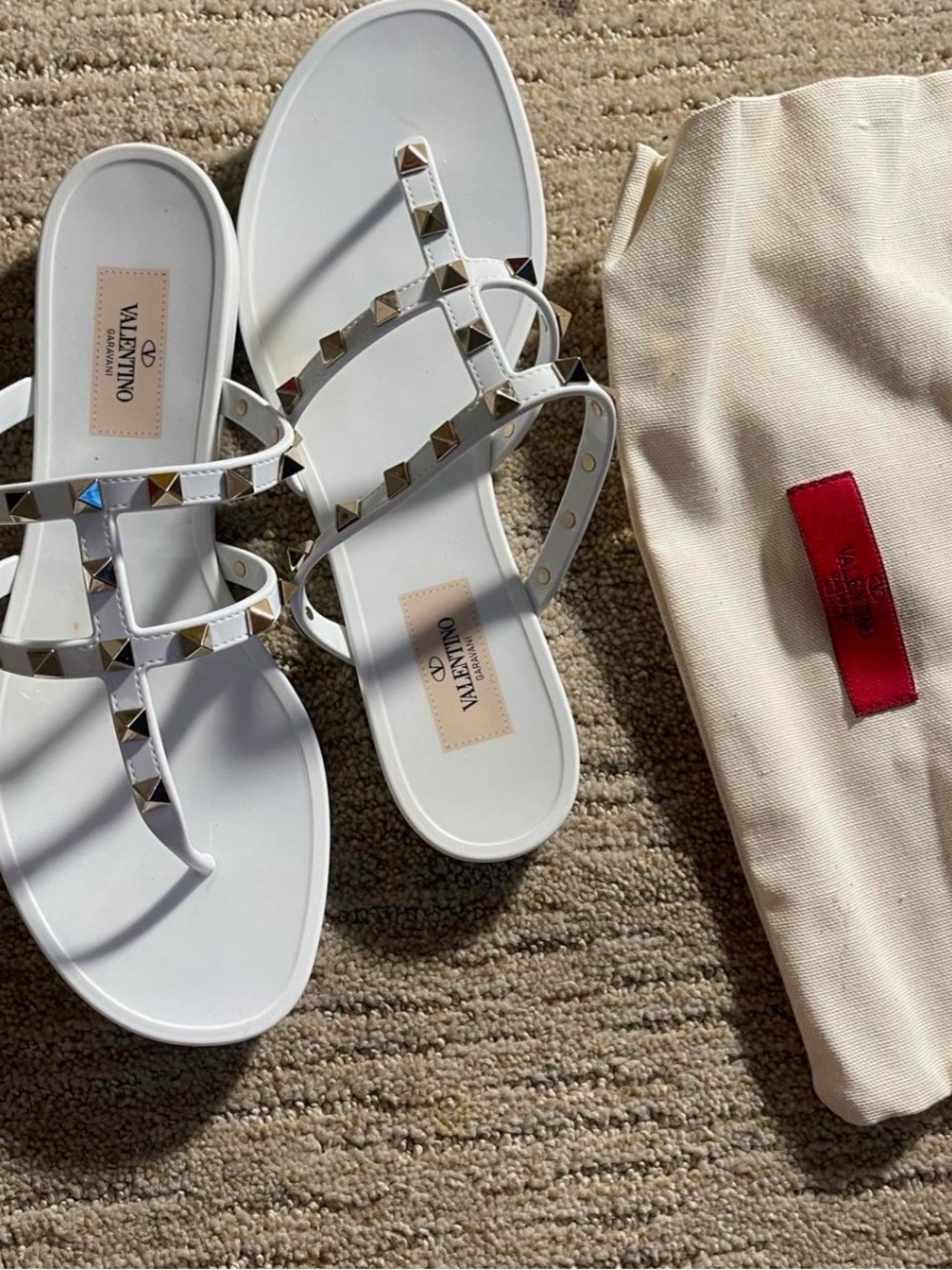 Valentino White Jelly Thong Sandals with Gold-Tone Rockstuds